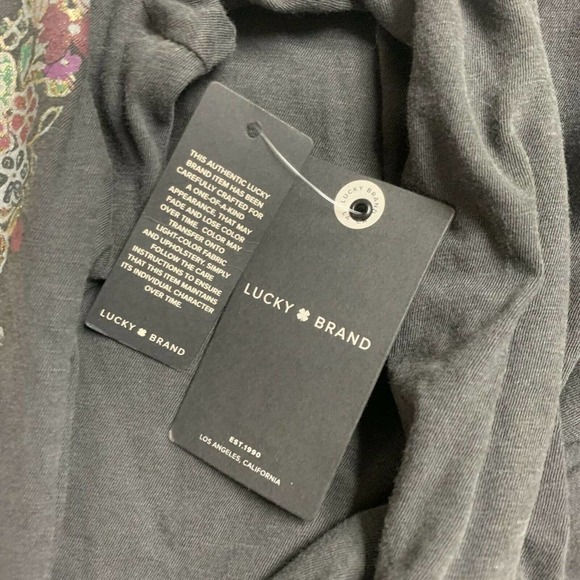Lucky Brand M Acdc Floral Tee Long Sleeve Black Gray Gold Metallic Tshirt Top - Picture 6 of 7